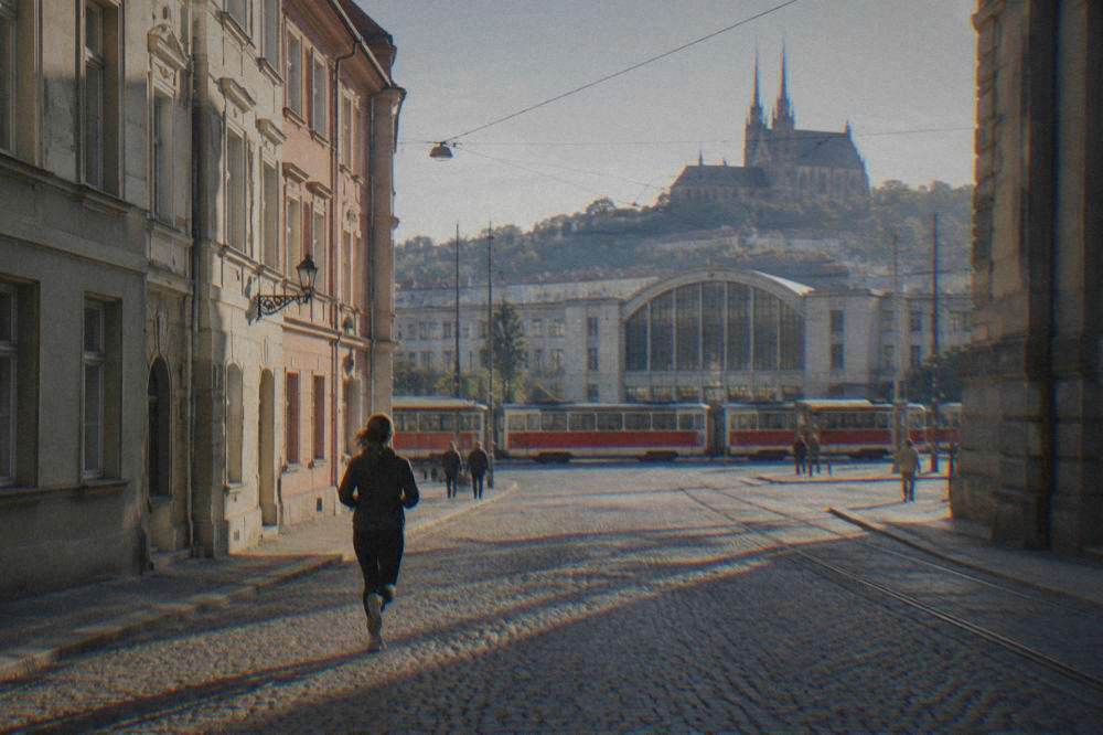 Trams crossing in front of Brno main station terminal building