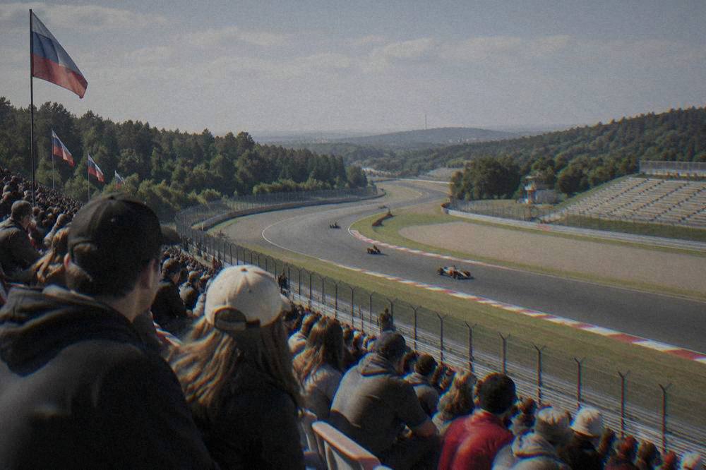 A grandstand full of spectators with flags overlooking a racing circuit on a bright day