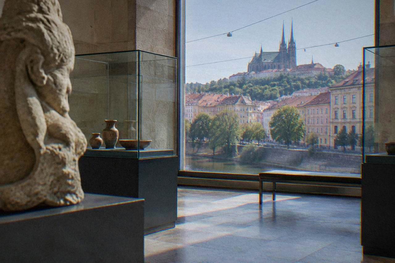 Museum gallery hall in Brno with stone walls and display cases