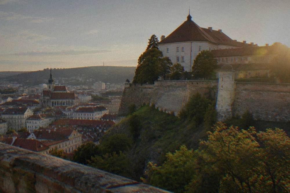 Baroque fortress walls of Špilberk Castle above Brno rooftops