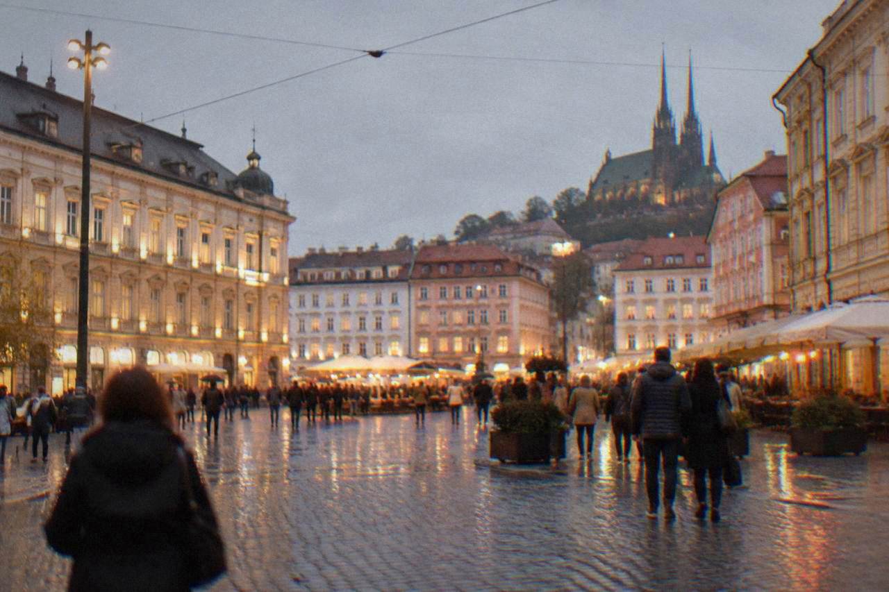 Illuminated historic buildings and evening crowds on a Brno city square