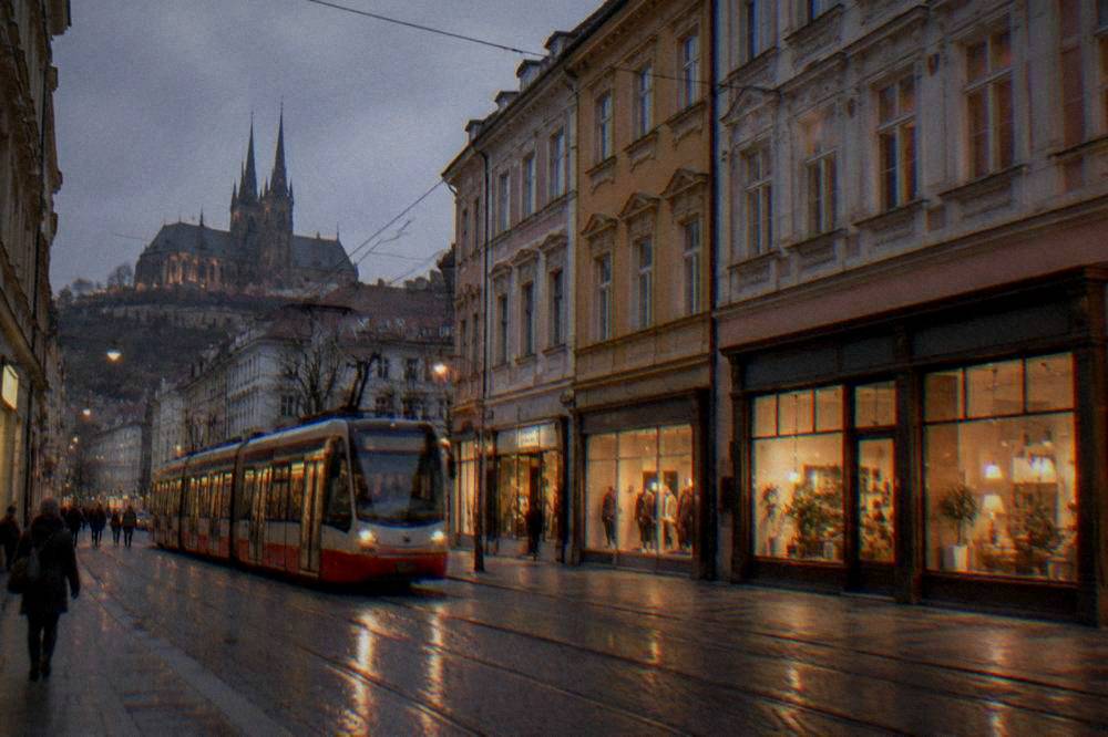 A tram passing lit shopfronts on a Brno street at night