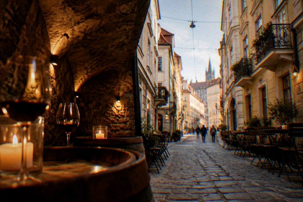 Candles and wine glasses on barrels in a vaulted stone cellar