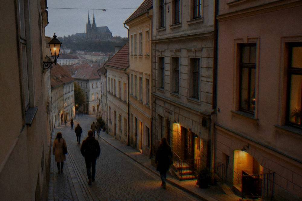 People walking past lit cellar entrances on a narrow old street in Brno