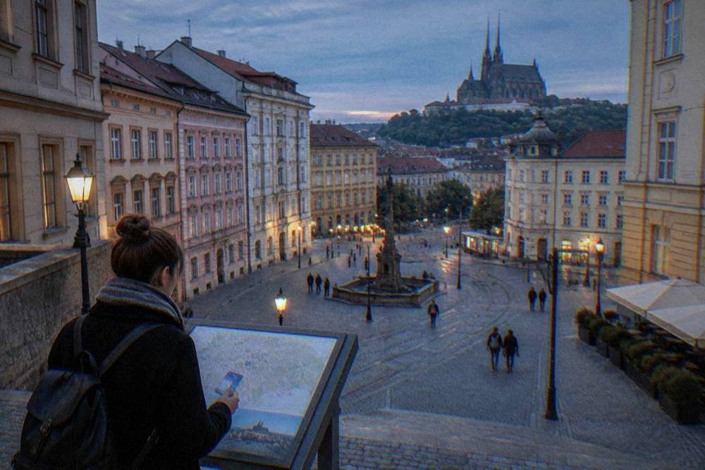A visitor holding a city card while looking at an information board in a Brno square