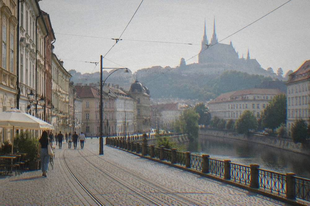 A blue parking zone sign on a post beside a row of parked cars on a Brno street