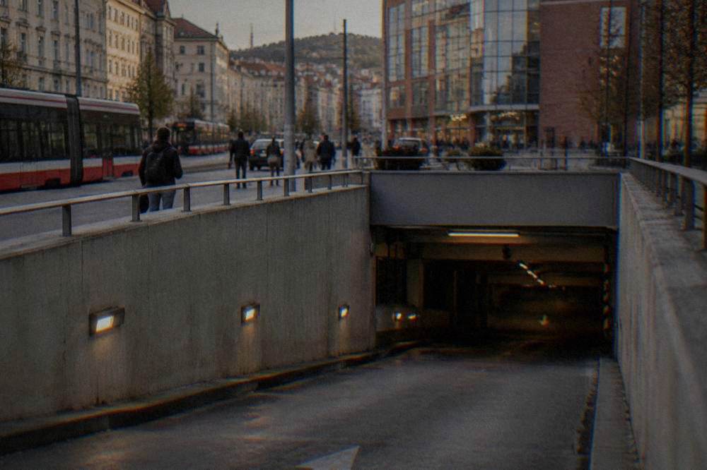 An entrance ramp to an underground car garage in a European city