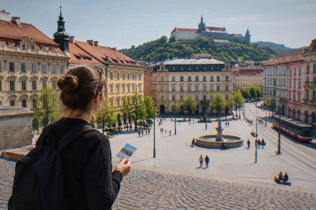 A visitor holding a city card while standing on a cobbled square with a castle on a hill behind