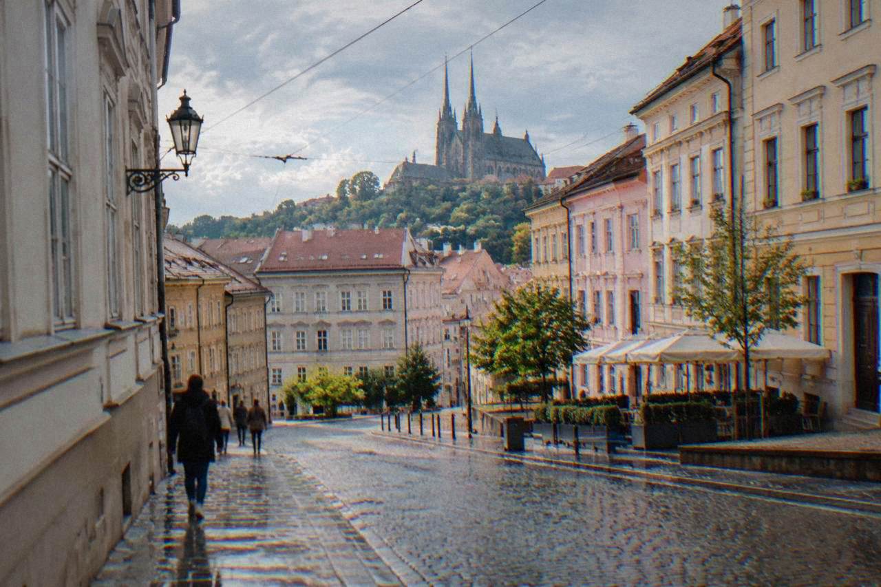 Twin spires of the Cathedral of Sts Peter and Paul rising above the rooftops of Brno