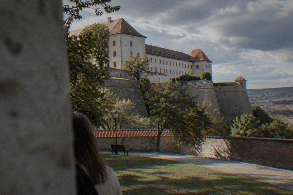 Špilberk Castle walls and courtyard seen from the park below the hill