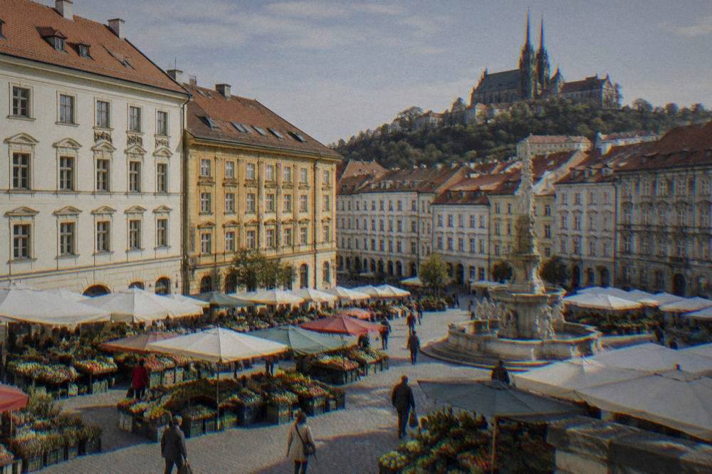 Market stalls and historic facades on the Cabbage Market square in Brno