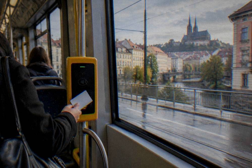 A passenger tapping a contactless card on a validator inside a Brno tram