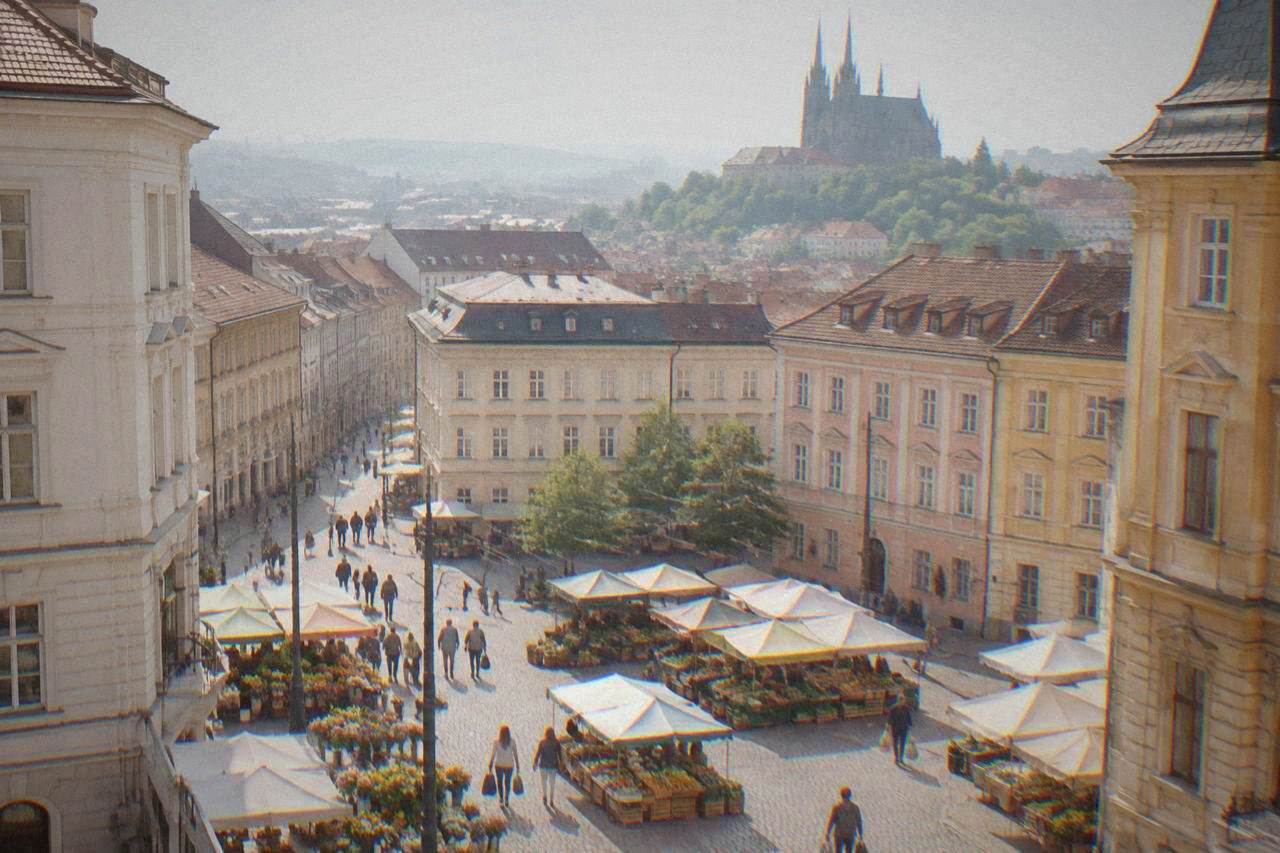 Market stalls with flowers and produce on a historic square in Brno