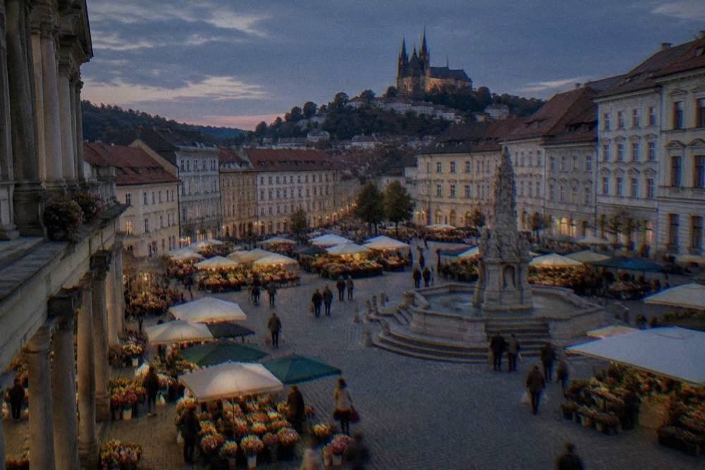 Flower stalls and shoppers under the columns of a historic market square