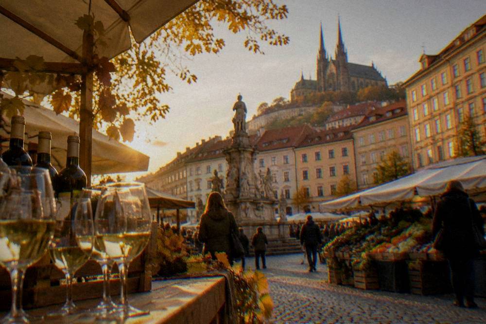 A wine festival stall with glasses of white wine on a city square in autumn