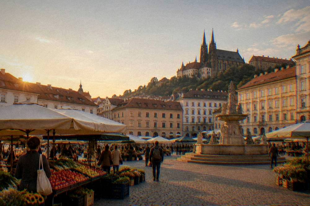 A castle on a hill above rooftops seen from a city square