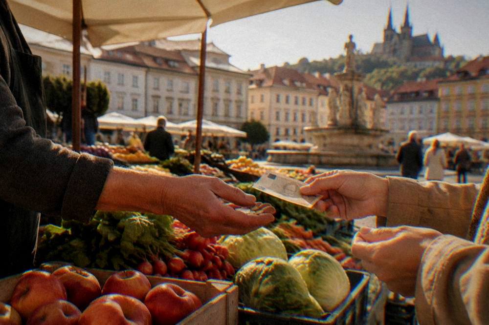 Hands paying with a banknote and coins at an outdoor market stall