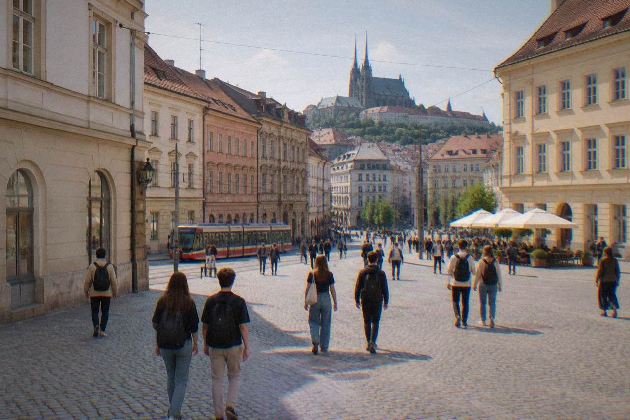 Students walking across a Brno square in the late afternoon