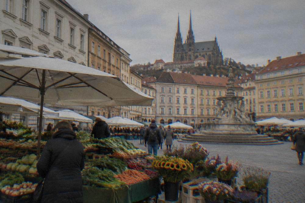 A market stall with vegetables and flowers on the Cabbage Market square