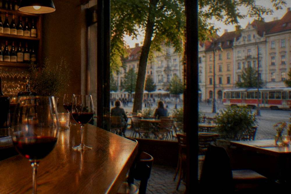 A lit wine bar interior with glasses of red wine on the counter