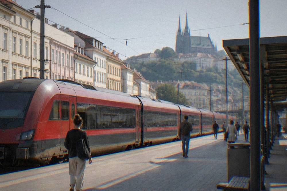 A red express train standing at a platform in Brno main station