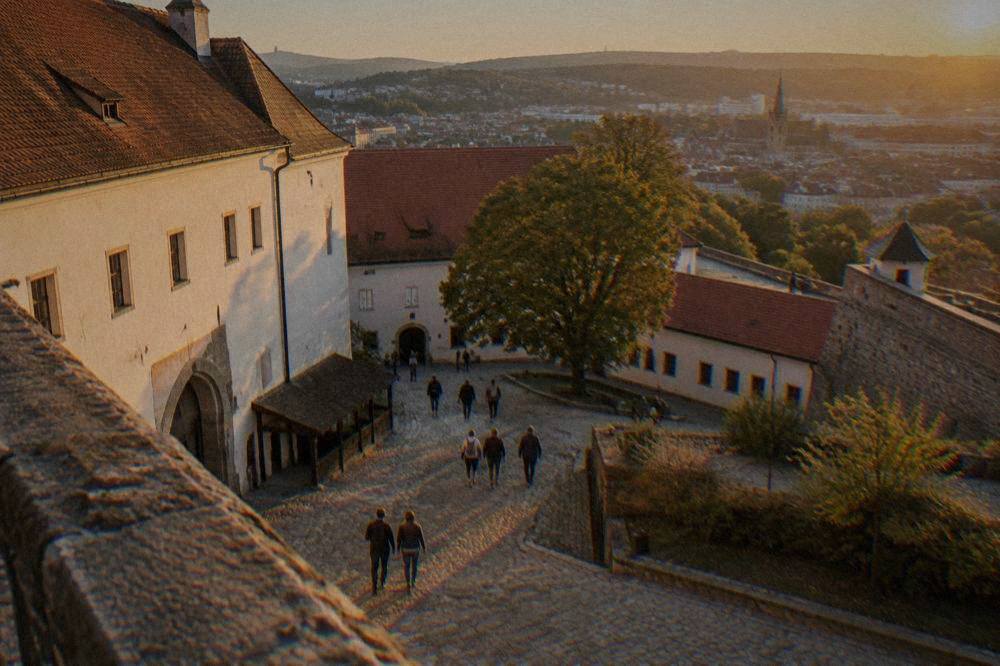 Visitors walking through a courtyard at Špilberk Castle in Brno