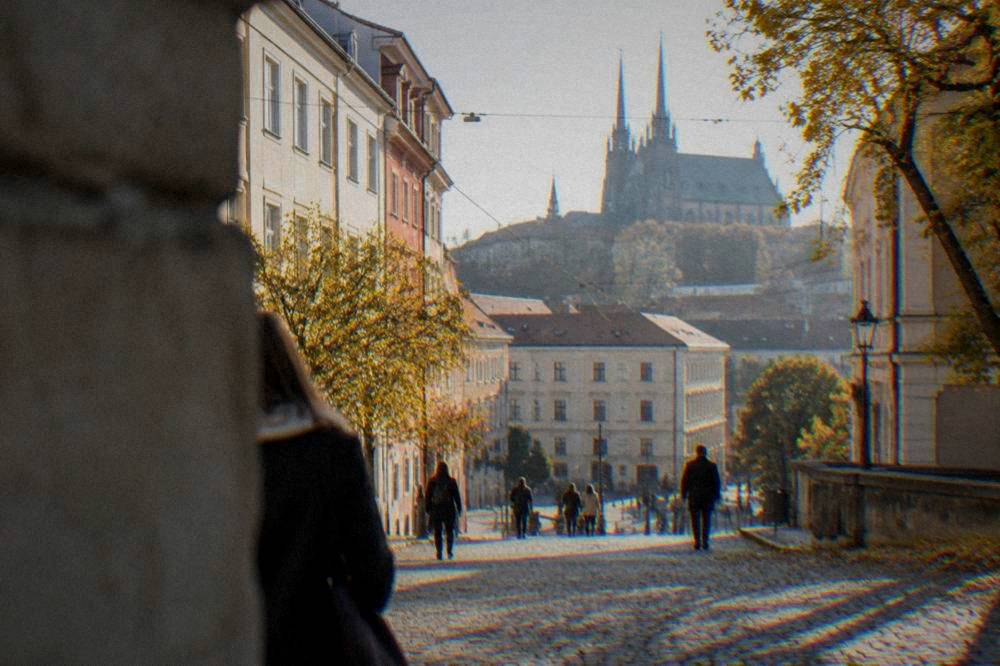 Autumn light over the rooftops and spires of central Brno