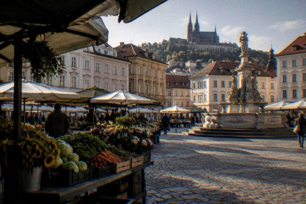 A market stall with vegetables and flowers on the Cabbage Market square in Brno