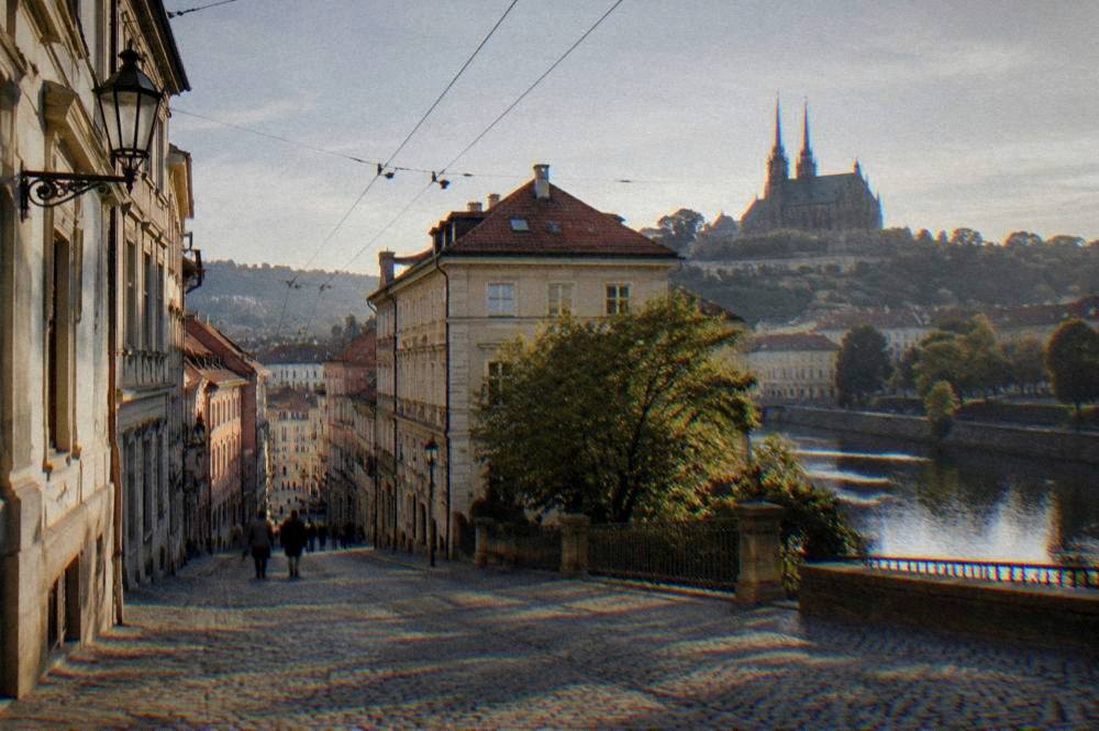 Evening view over the Svratka river and city lights in Brno