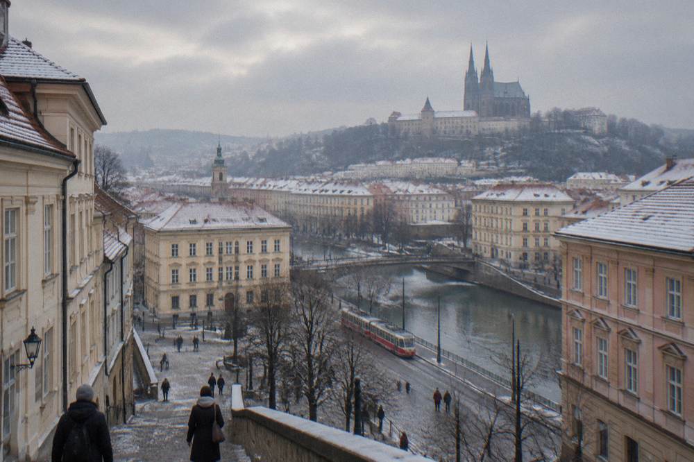 Light snow settling on the rooftops and towers of central Brno in winter