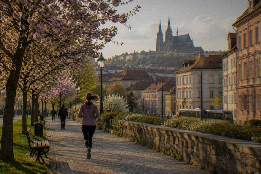 Flowering trees along a Brno park path in spring sunshine