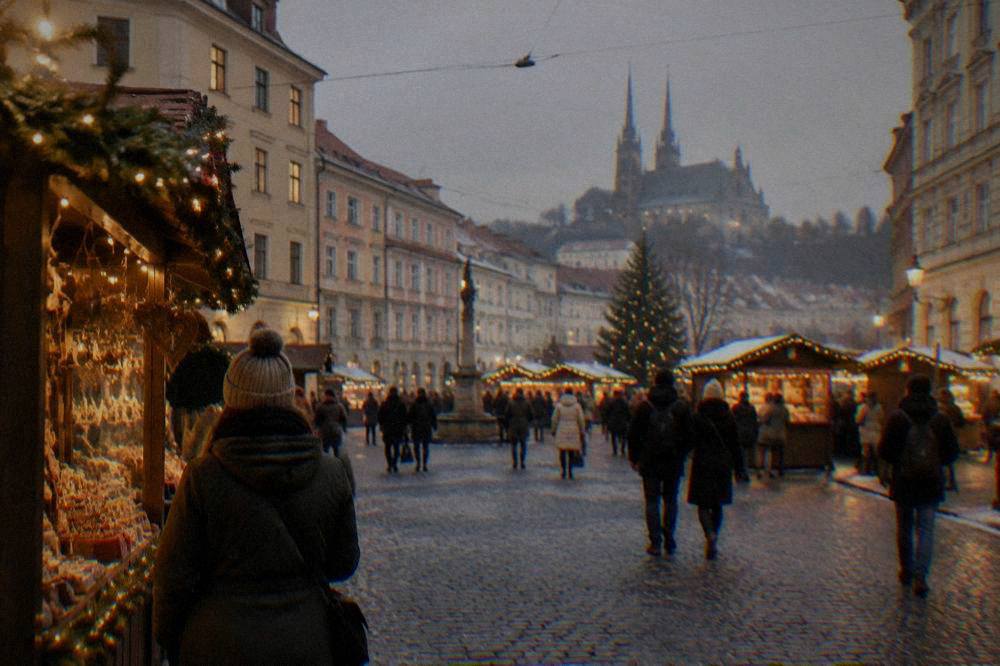 Christmas market stalls with lights on a Brno square during a cold December evening
