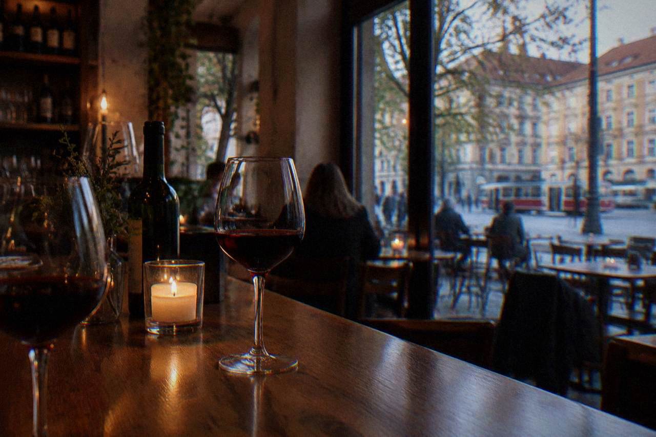 A candle-lit wine bar interior with glasses of red wine on a wooden counter
