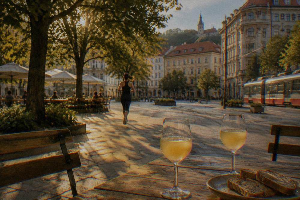 Two glasses of young cloudy burcak wine on a rustic table beside a plate of bread