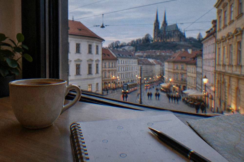 Calendar and coffee cup on a desk with a pen marking travel dates