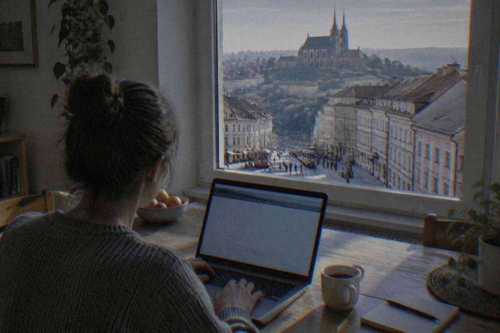 Person filling in an online travel form on a laptop at a kitchen table