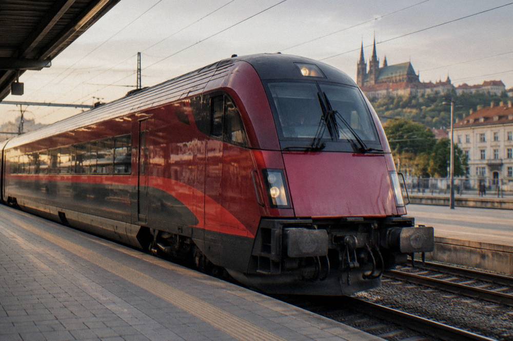 A red express train waiting at a platform in a European station
