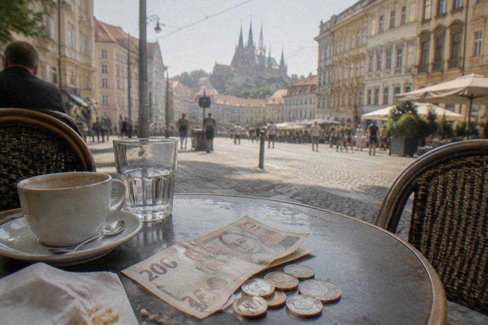Czech banknotes and coins arranged on a cafe table beside a receipt