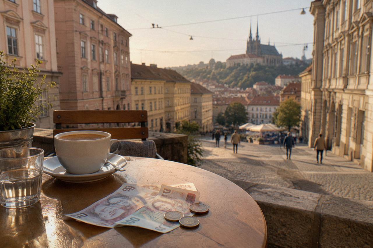 Czech banknotes and coins on a café table in Brno