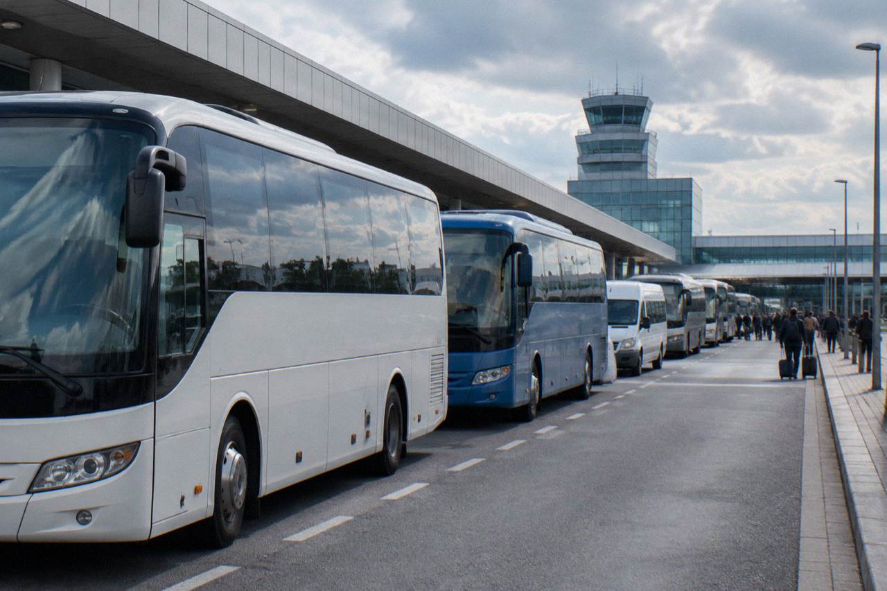 Buses and shuttles lined up at the terminal forecourt of Prague Airport