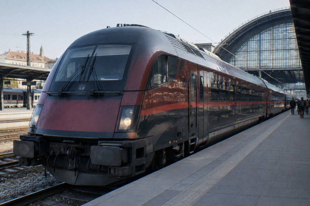 An express train waiting at a platform in Prague main railway station