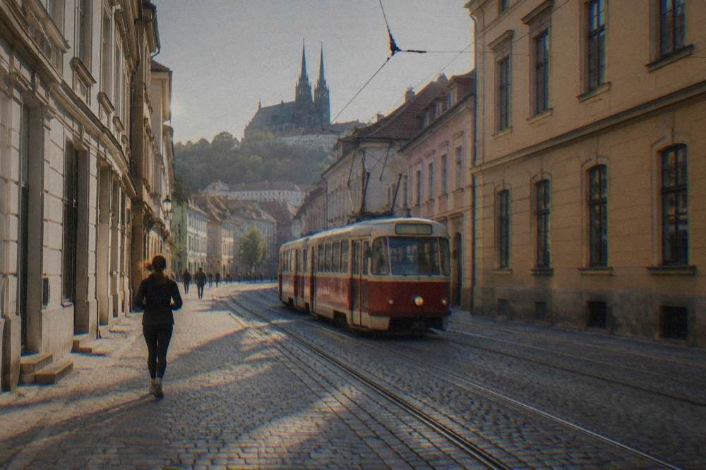 A red and cream tram moving through a street in central Brno