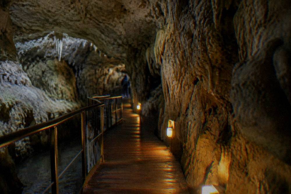 A narrow wooden walkway inside a lit limestone cave in the Moravian Karst