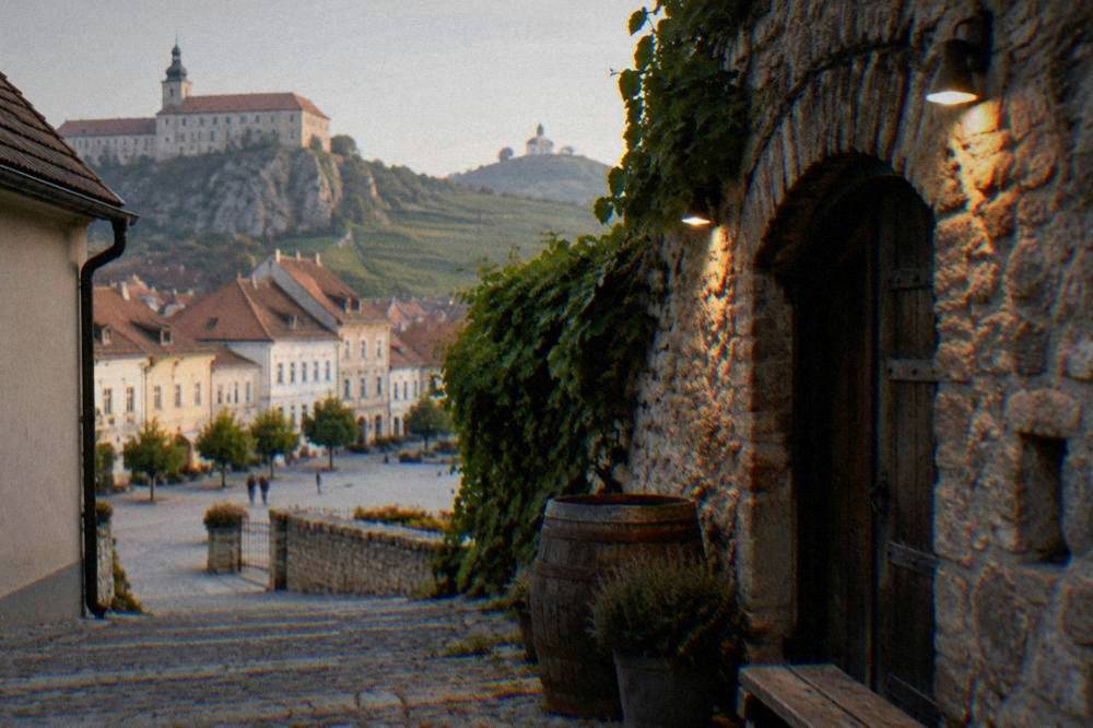A stone cellar door in a wine village lane