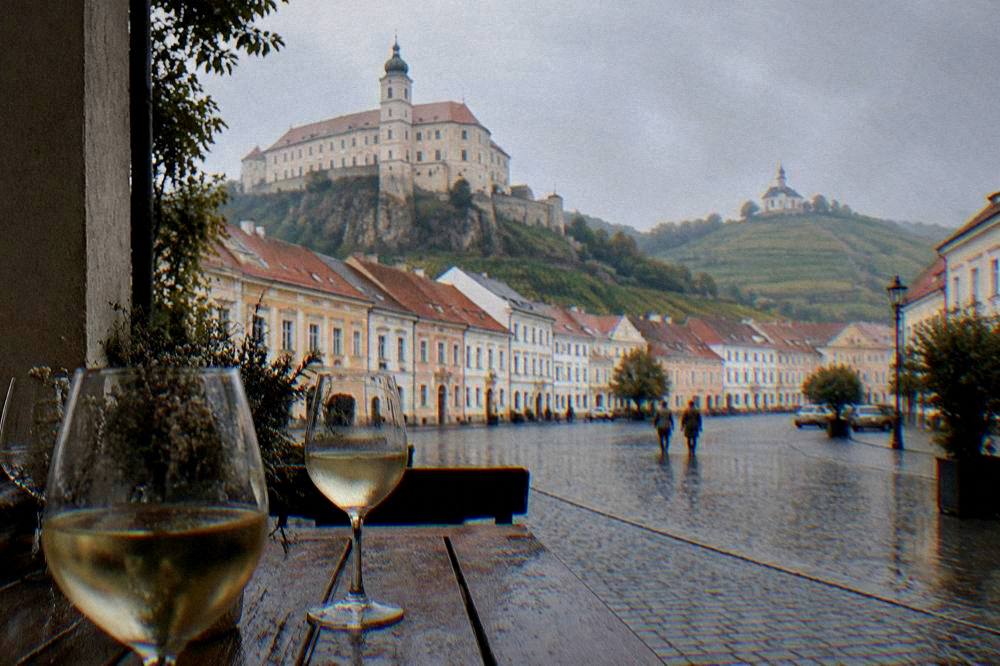 Glasses of white wine on a wooden tasting table