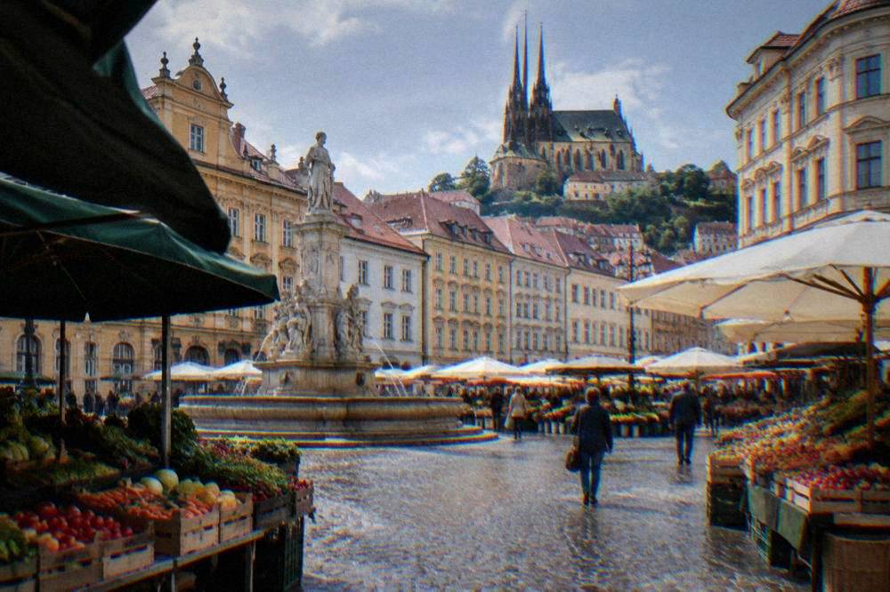 Colourful baroque buildings and market stalls on the Cabbage Market square in Brno
