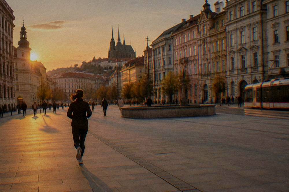 Illuminated historic buildings on Freedom Square in Brno at dusk