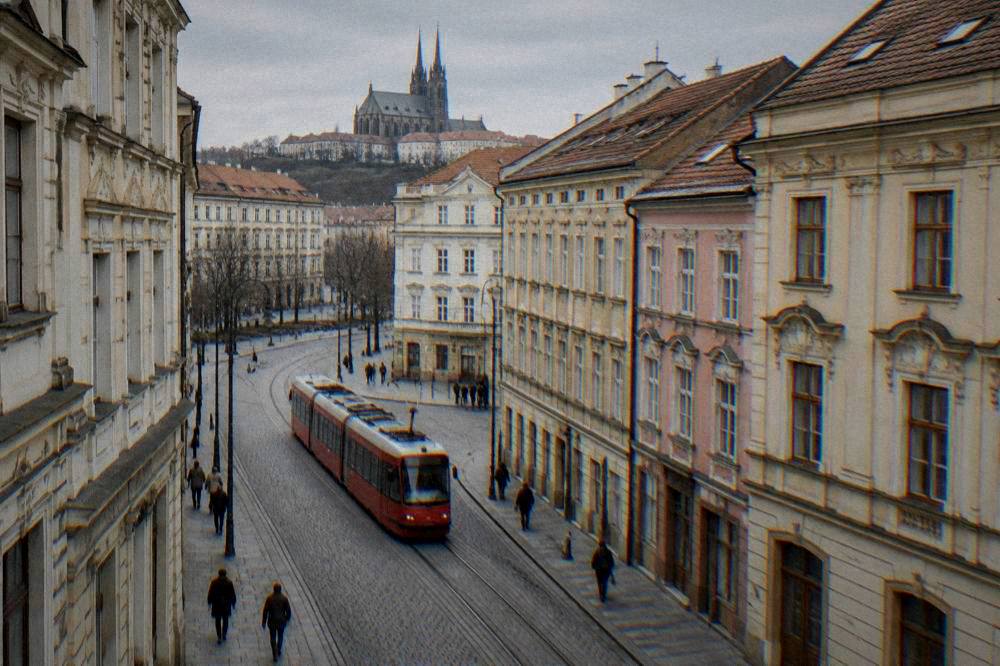 A red tram moving along a street with historic buildings in Brno