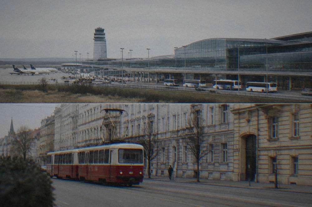 A red tram moving through a city street lined with older buildings