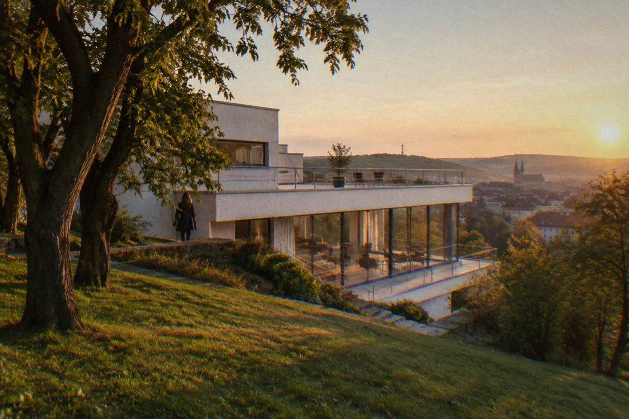 A modern white villa with a flat roof and long horizontal windows set in a sloping garden